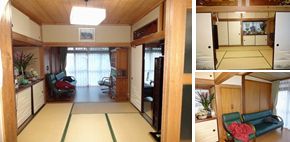  写真/左 ）キッチンから和室を臨む。奥が洋室。 右上 ）左の和室を隣の部屋から見た写真。 部屋の仕切りは襖。右下 ）和室奥の板の間。